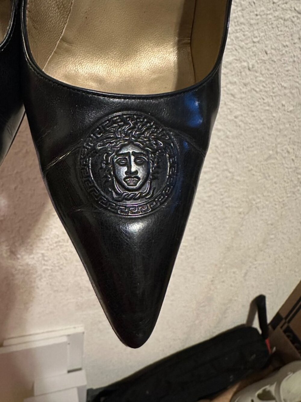 Vintage Gianni Versace Medusa Black Leather Pointed Toe Pumps high heels